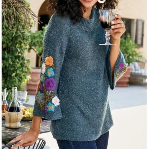 Soft Surroundings Carolina Embroidered Sweater 3/4 bell sleeve size S - Picture 1 of 12
